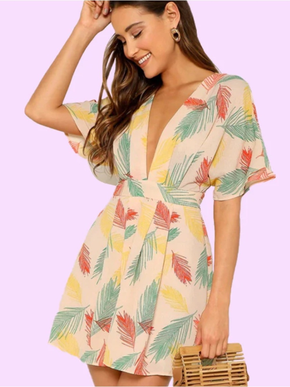 Peach Tropical Print V-Neck Mini Dress